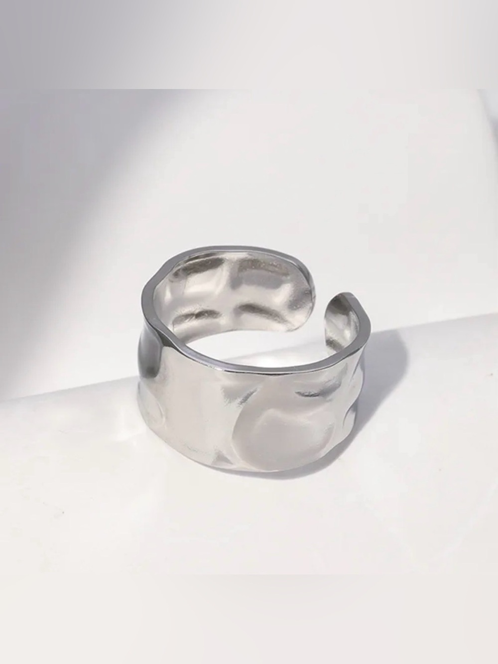 Hammered Wide Band Stainless Steel Open Ring | Minimalist Statement Ring